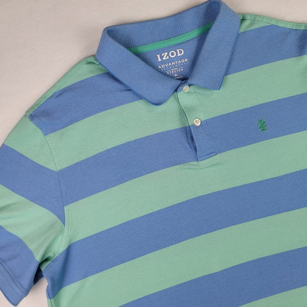 IZOD Shirt Men's XL Advantage Performance Stretch Blue And Green Striped Polo